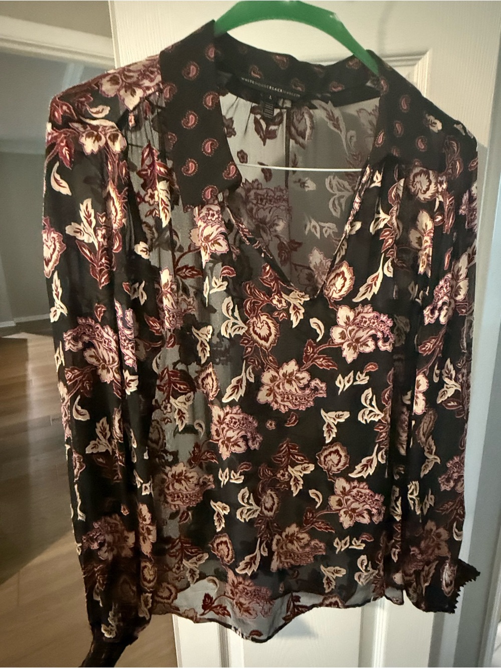 White House Black Market Black Sheer Floral V-Neck Blouse